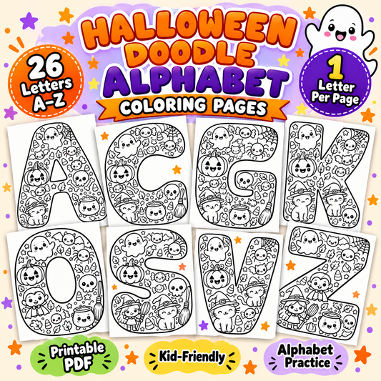 Halloween Alphabet Coloring Pages A-Z | Printable ABC Doodle Worksheets, WWF584