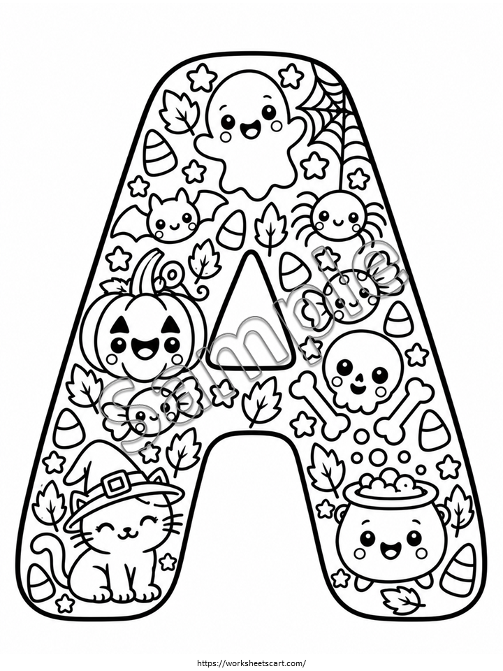 Halloween Alphabet Coloring Pages A-Z | Printable ABC Doodle Worksheets, WWF584