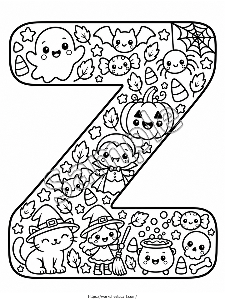 Halloween Alphabet Coloring Pages A-Z | Printable ABC Doodle Worksheets, WWF584