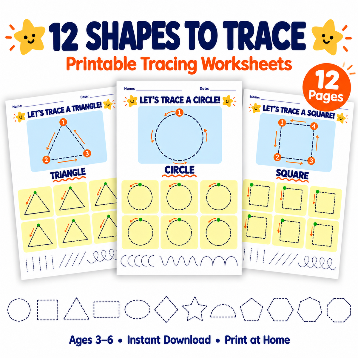 Shape Tracing Worksheets for Preschool & Kindergarten | 12 Printable Shapes, WWF588